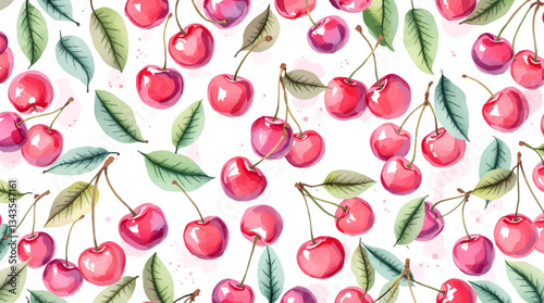 Watercolor red cherries on white background seamless vector pattern	