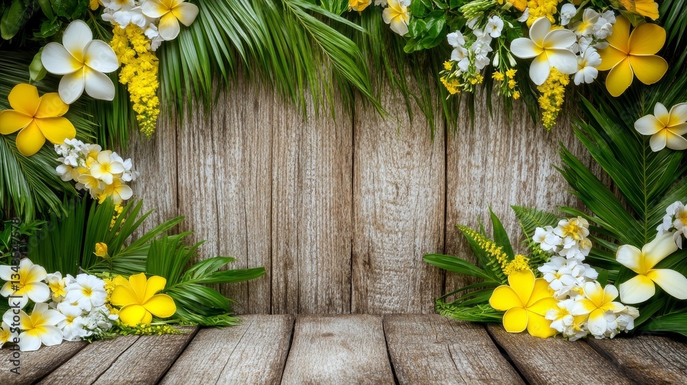 Obraz premium Exotic floral arrangement on weathered wood backdrop evoking summer relaxation