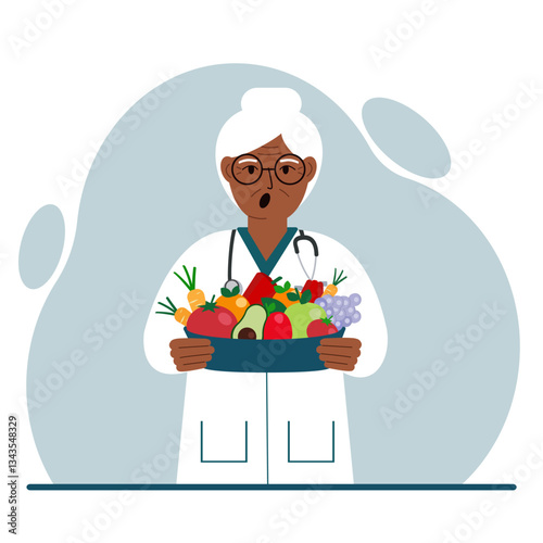 Nutritionist doctor with a bowl of fruits and vegetables. Dietitian. Vector flat illustration.
