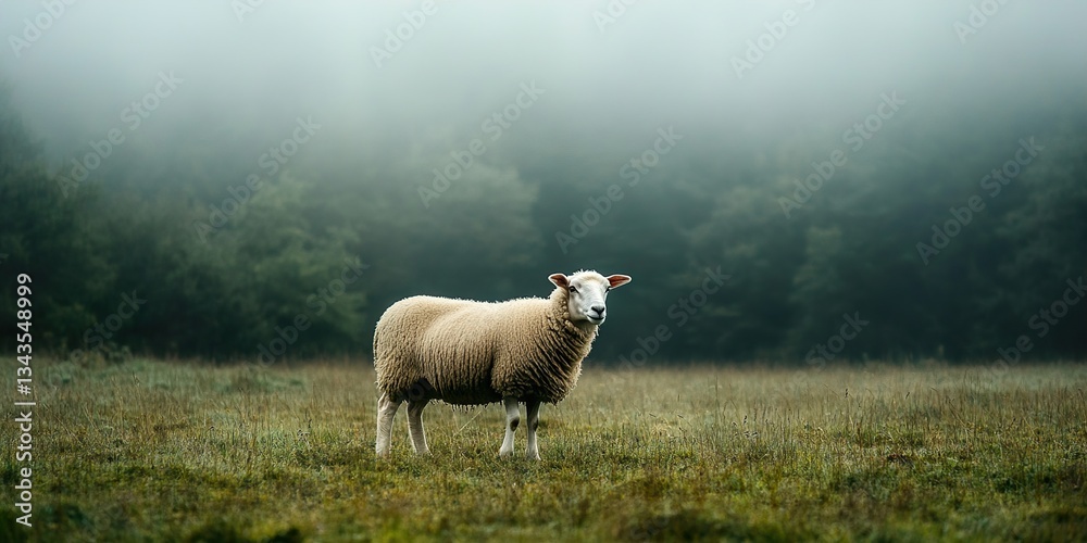 Fototapeta premium Sheep in Misty Forest Field 