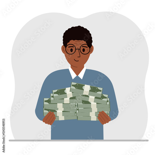 A man is holding a large pile of paper money. Vector flat illustration
