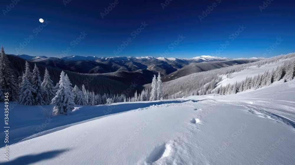 Snowy mountain vista under a clear night sky. Vast, pristine snow-covered peaks and frosty pine trees create a breathtaking winter wonderland scene. Sunlight casts soft shadows across the slopes