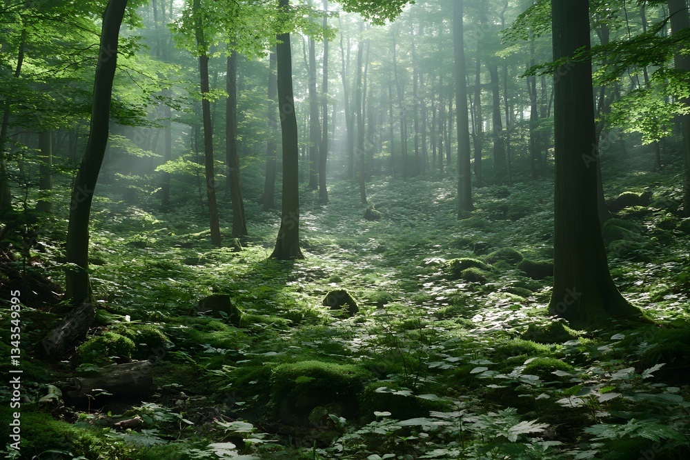 Obraz premium Misty Green Forest Path Sunbeams Moss Trees