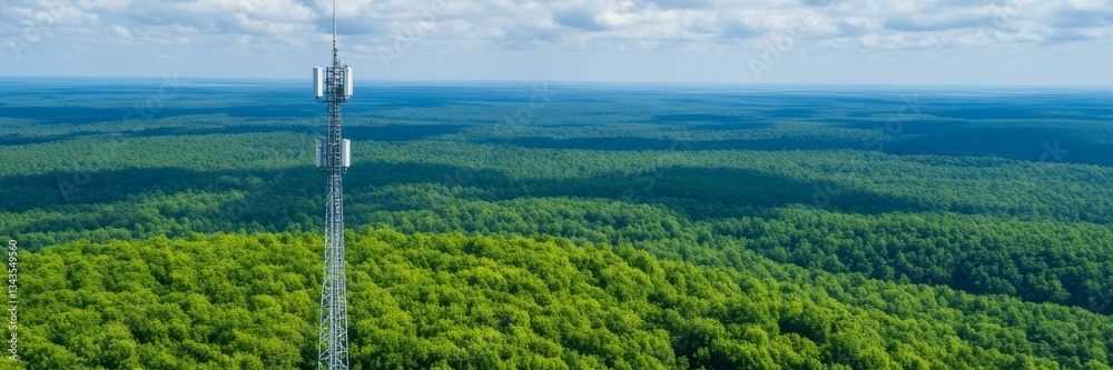 Obraz premium Cell tower amidst vast green forest, symbolizing digital communication, sustainable technology, aerial scenic landscape