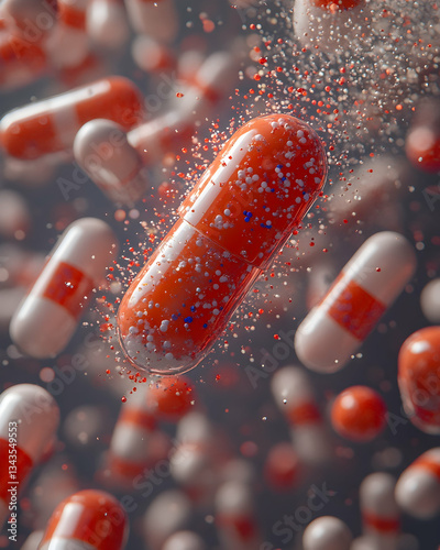 Orange and white capsules exploding, suspended in mid-air