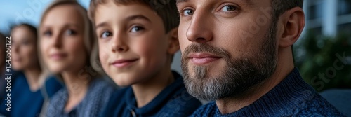 A Caucasian family smiling warmly, celebrating family bonding and togetherness during winter holidays