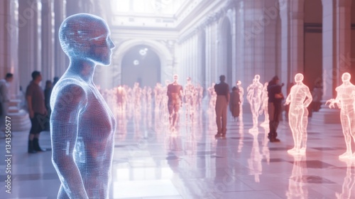 Future congregation with digital avatars interacting in a virtual architectural space