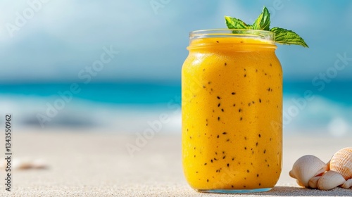 Bright mango smoothie in a mason jar on sandy tropical beach, summer refreshment, vacation vibes