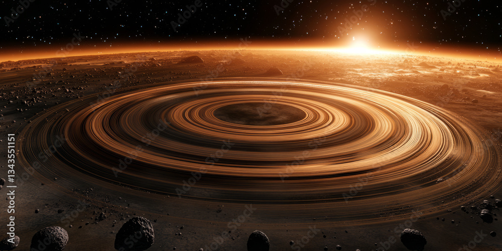 Fototapeta premium A cosmic 3D background showcasing an asteroid belt orbiting a massive gas giant. The glowing rings and celestial particles add depth, emphasizing the vastness of space and the beauty of planetary