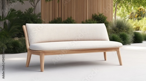Light, modern outdoor loveseat with a neutral cream fabric.  Natural wood frame complements outdoor setting