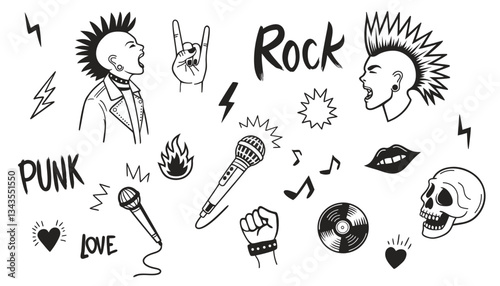 Set of hand drawn doodle rock music icons. Rock music doodle icon set, vector hand drawn grunge punk tattoo, dark scribble sticker, skull, lips. Vector illustration