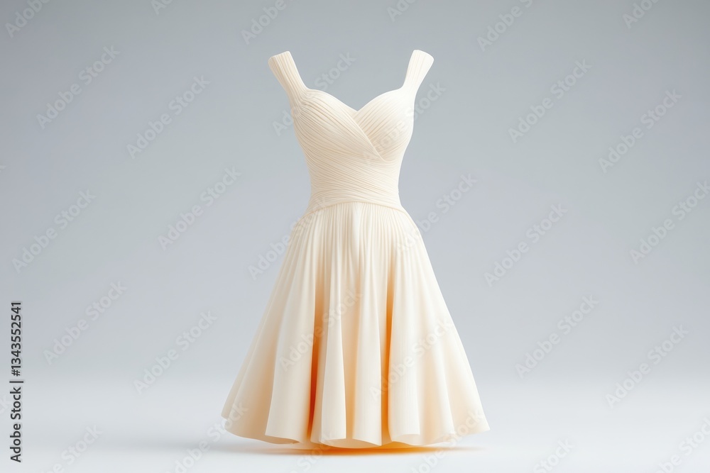 Elegant, light beige, mid-length, dress with draped bodice and full skirt