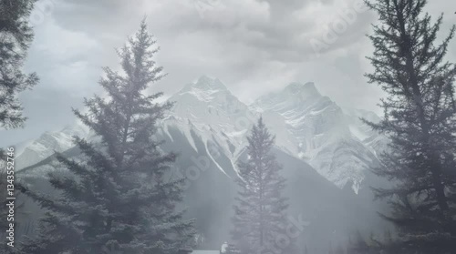 Misty mountain peaks rise above dense evergreen forests under a cloudy sky. The tranquil atmosphere and soft fog create a mysterious Seamless looping 4k time-lapse virtual video animation background.