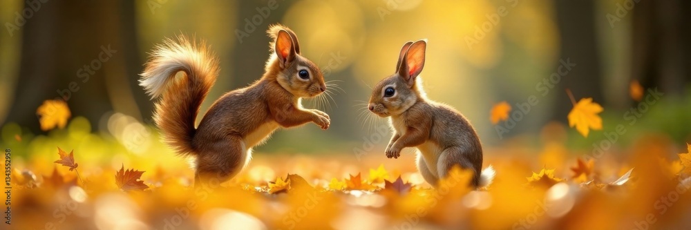 Squirrel and rabbit friends jumping in fallen leaves, outdoor, nature Squirrel and rabbit friends jumping in fallen leaves, outdoor, nature