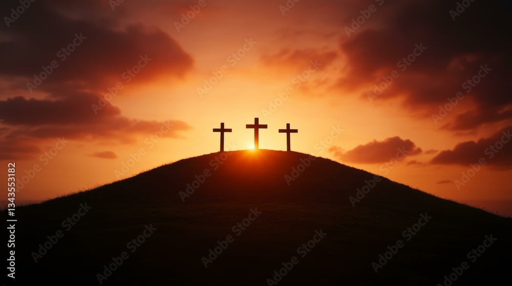 Three crosses silhouetted against a stunning sunset on a hill, Easter, Christianity, faith concept Three crosses silhouetted against a stunning sunset on a hill, Easter, Christianity, faith concept
