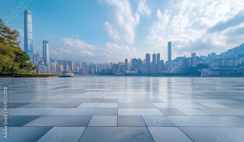 Fototapeta Naklejka Na Ścianę i Meble -  Panoramic city skyline view: empty marble square floor for product showcase, daytime landscape photography