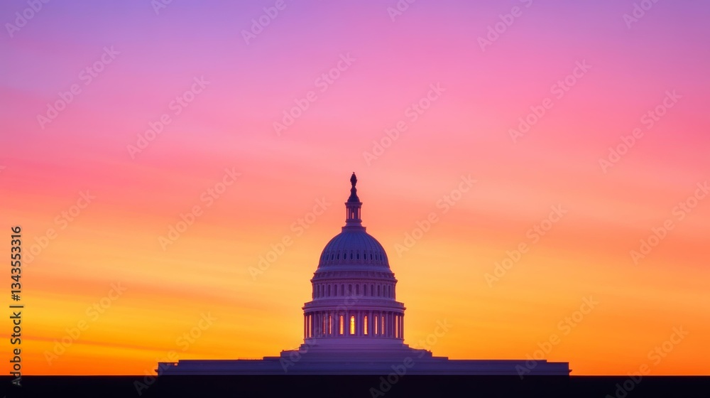 Obraz premium US Capitol building silhouette against vibrant sunset, symbolizing democracy, Fourth of July, America