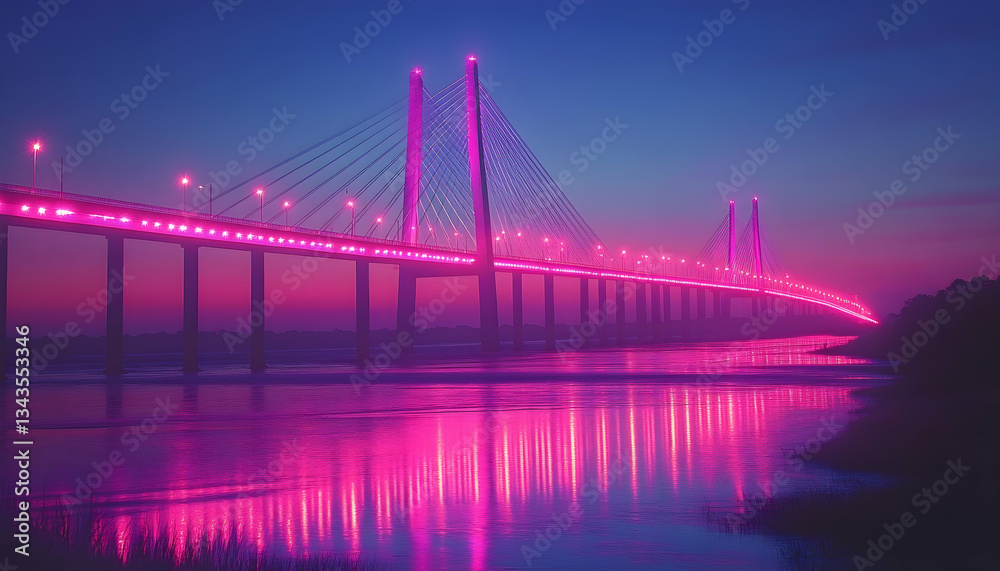 Naklejka premium Pink-lit cable-stayed bridge at dawn reflecting in calm water, misty atmosphere