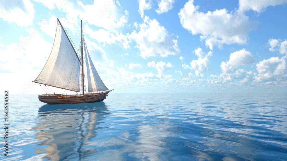 Fototapeta premium Classic wooden sailboat drifting on a tranquil ocean