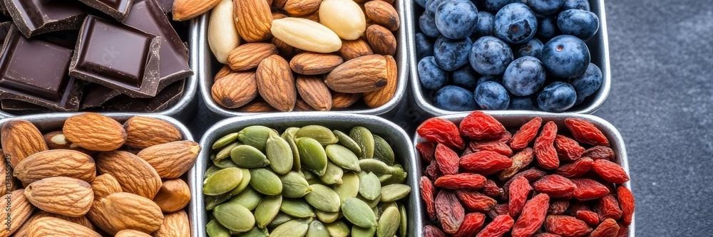 Fototapeta premium Assorted healthy snacks with almonds, blueberries, and chocolate, ideal for vegan diet, nutritious lifestyle