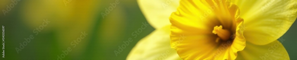 Close-up of a bright yellow daffodil flower with delicate white stripes and golden center, details, color