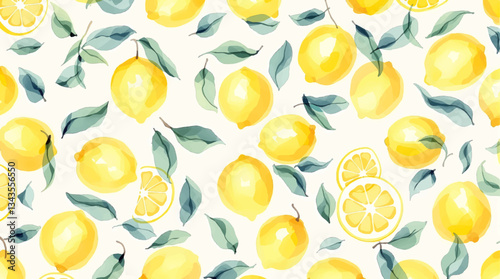 Watercolor pattern lemon on white background	