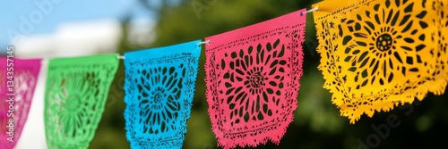 Colorful papel picado banners fluttering in vibrant celebration, festive decor, Cinco de Mayo, cultural heritage