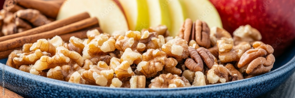 Cracked walnuts with apple slices and cinnamon, autumn harvest celebration, Thanksgiving dessert, cozy fall Cracked walnuts with apple slices and cinnamon, autumn harvest celebration, Thanksgiving dessert, cozy fall