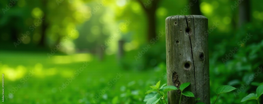 Damp, weathered wooden fence post surrounded by lush greenery, post, wood Damp, weathered wooden fence post surrounded by lush greenery, post, wood