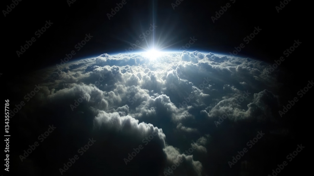 Earth rising, a view of clouds from space, a sunrise breaks through