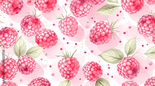 Watercolor pattern featuring raspberries white background	