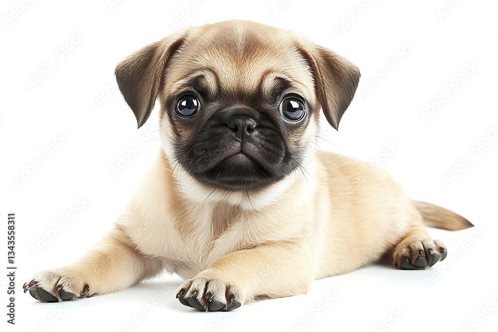 An adorable pug puppy, a symbol of pure, unconditional love, lies peacefully on a bright white background, capturing its sweet innocence and charming features. An adorable pug puppy, a symbol of pure, unconditional love, lies peacefully on a bright white background, capturing its sweet innocence and charming features.