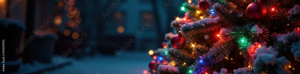 Obraz premium Christmas tree lit up by colorful string lights, surrounded by ornaments and garlands, decoration, sparkle