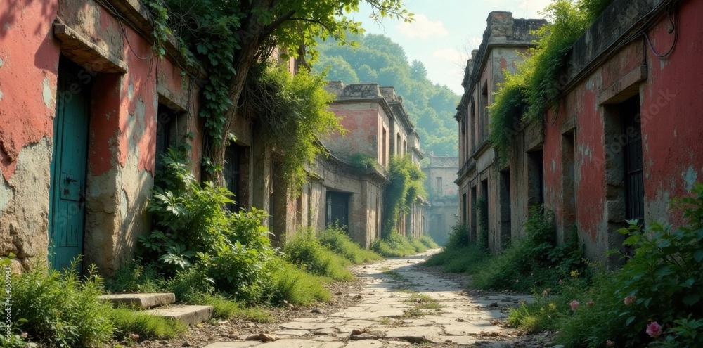 Distressed urban landscape with crumbling walls and overgrown vegetation, edgy design elements , grunge aesthetic Distressed urban landscape with crumbling walls and overgrown vegetation, edgy design elements , grunge aesthetic