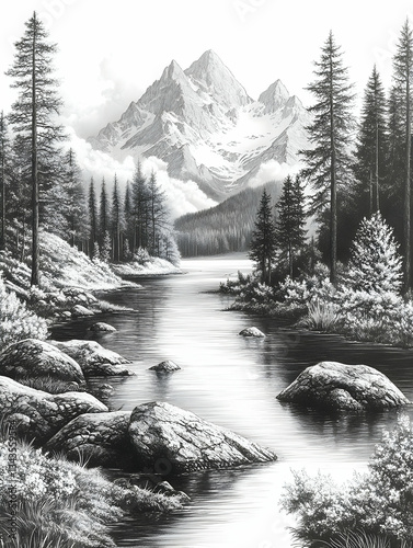 Serene monochrome landscape; snow-capped mountains reflected in a calm river, surrounded by pine trees and rocks