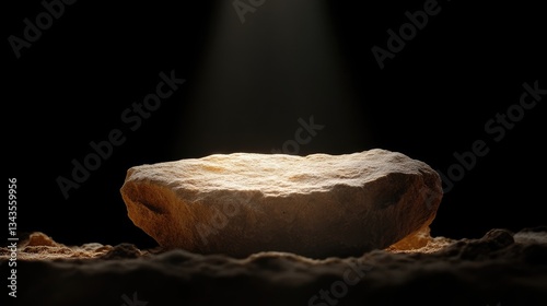 Obraz na płótnie A large, light beige stone, illuminated by a spotlight, sits on a bed of sand w salonie