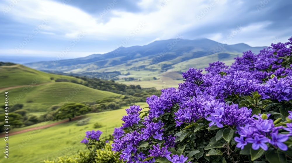 Vibrant purple flowers in lush green landscape, nature beauty, spring bloom, serene travel scenery Vibrant purple flowers in lush green landscape, nature beauty, spring bloom, serene travel scenery