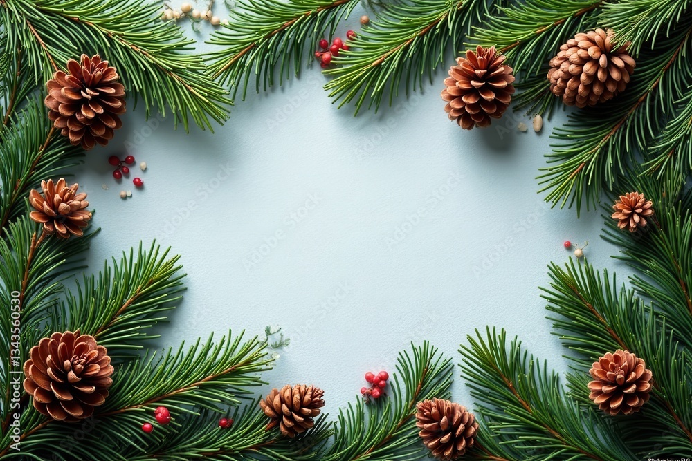 Fir branches adorned with pine cones in a rustic winter border, christmas, fir Fir branches adorned with pine cones in a rustic winter border, christmas, fir