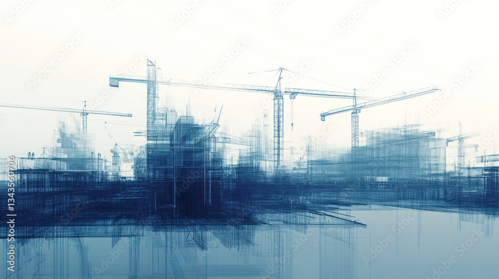 Abstract construction site; cranes, buildings in progress, industrial background, architecture design, 3D, digital art Abstract construction site; cranes, buildings in progress, industrial background, architecture design, 3D, digital art