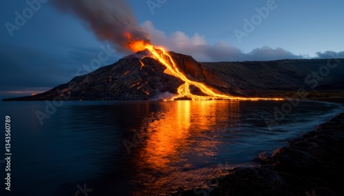 Erupting Volcano Landscape with Molten Lava Flowing into the Sea at Night Scenic Volcanic Eruption photo