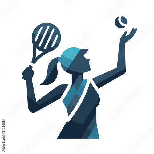 Female tennis player serving ball with racket