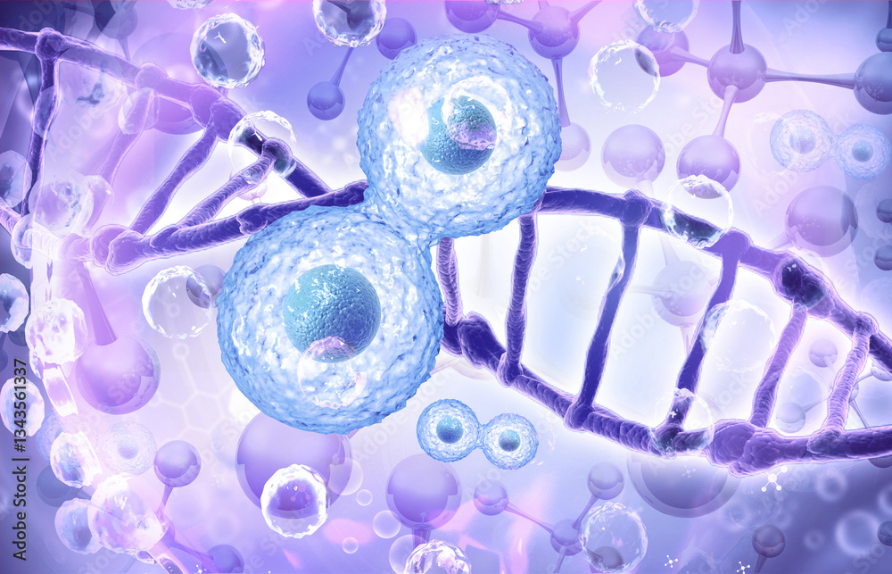 Fotografie Human cell with DNA on molecules background. 3d illustration.