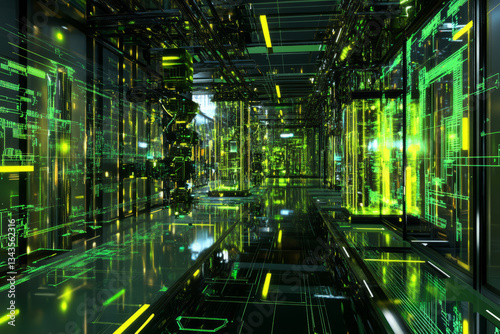 A cybernetic 3D background of a sprawling underground research facility, where robotic assistants operate in a labyrinth of metallic corridors. Flickering neon lights reveal walls adorned with photo