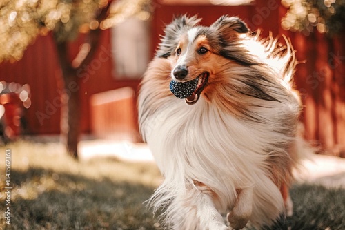 collie dog playing with toy, atmospheric collie photo, dog running
