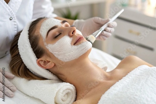 girl at the beautician, beautician makes a face mask, care procedures, skin care, face care, cosmetology