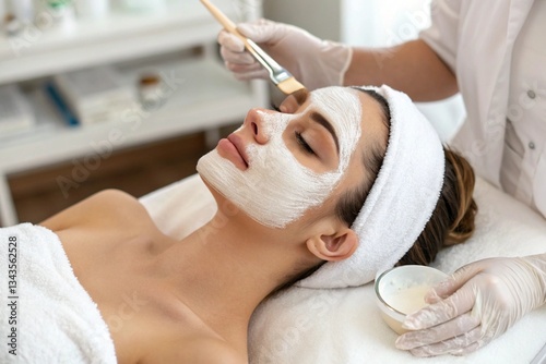 girl at the beautician, beautician makes a face mask, care procedures, skin care, face care, cosmetology