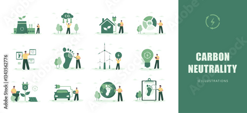 Carbon Neutrality. Energy efficiency in household and industry. Male Characters using alternative energy. Net zero. Set of Vector illustration in flat cartoon style.