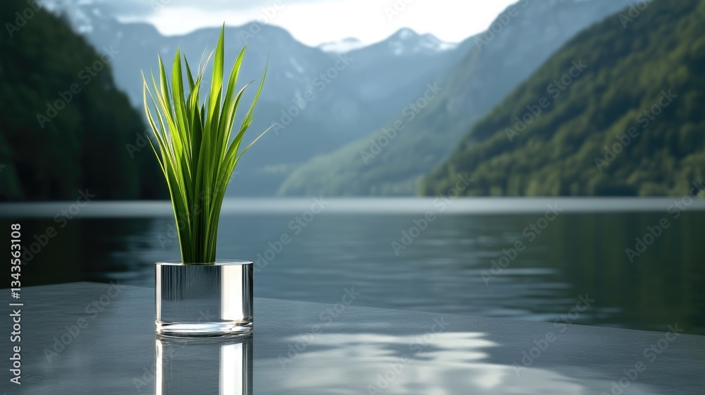 A small plant in a clear cube vase sits on a calm lake, with mountains in the background