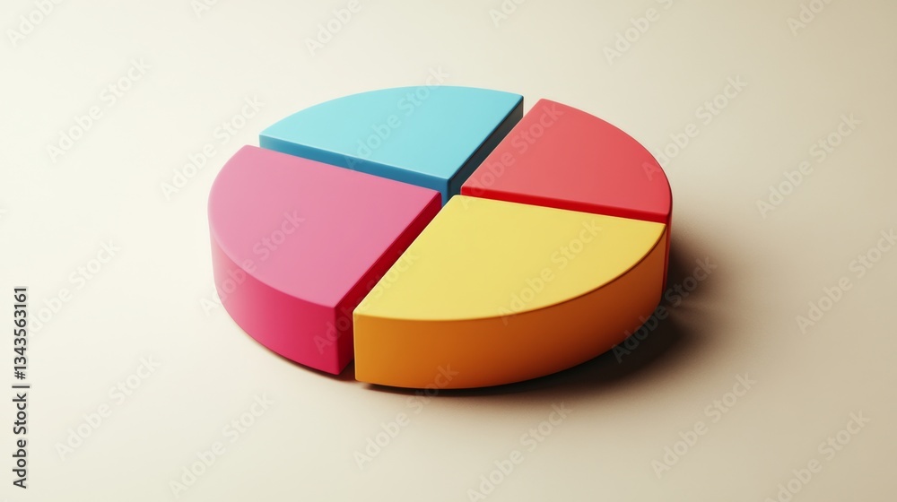 Obraz premium A simple and well-balanced D pie chart with four segments, each in different business-friendly colors, placed on a neutral gradient background.