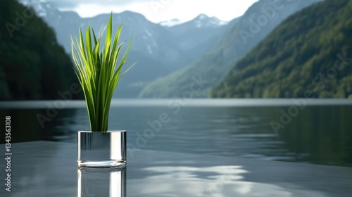 Obraz na płótnie A small plant in a clear cube vase sits on a calm lake, with mountains in the background w salonie